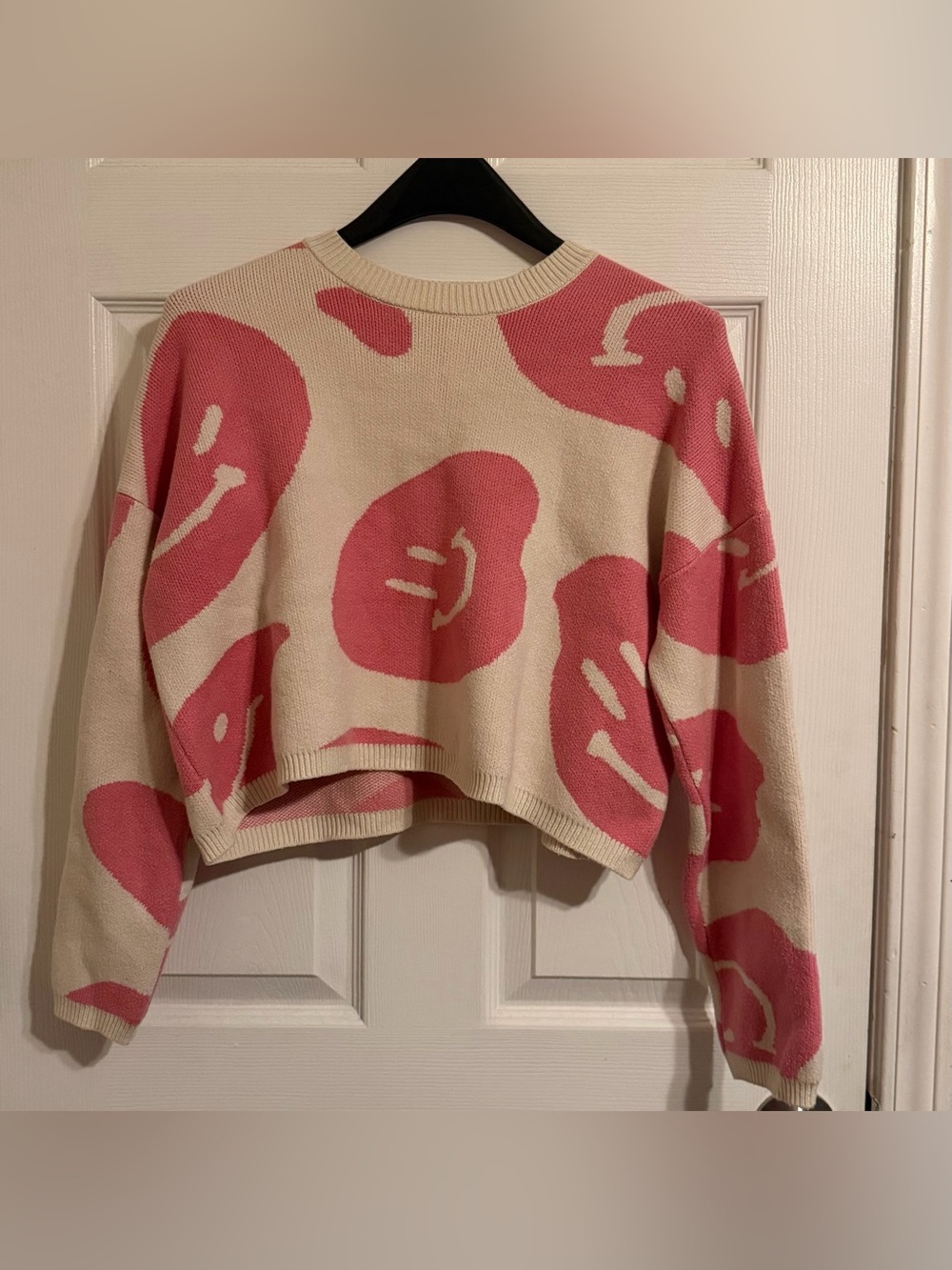 Moon & Madison Pink Smiley Face Oversized Cropped Sweater